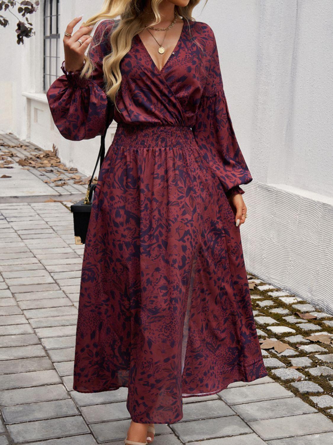 Devine Split Printed Surplice Long Sleeve Midi Dress - ClubOn