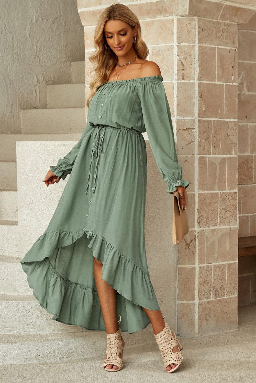 Drawstring Off-Shoulder Flounce Sleeve Dress - ClubOn