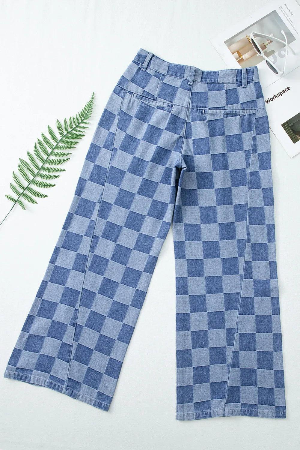 Checkered Wide Leg Jeans with Pockets - ClubOn