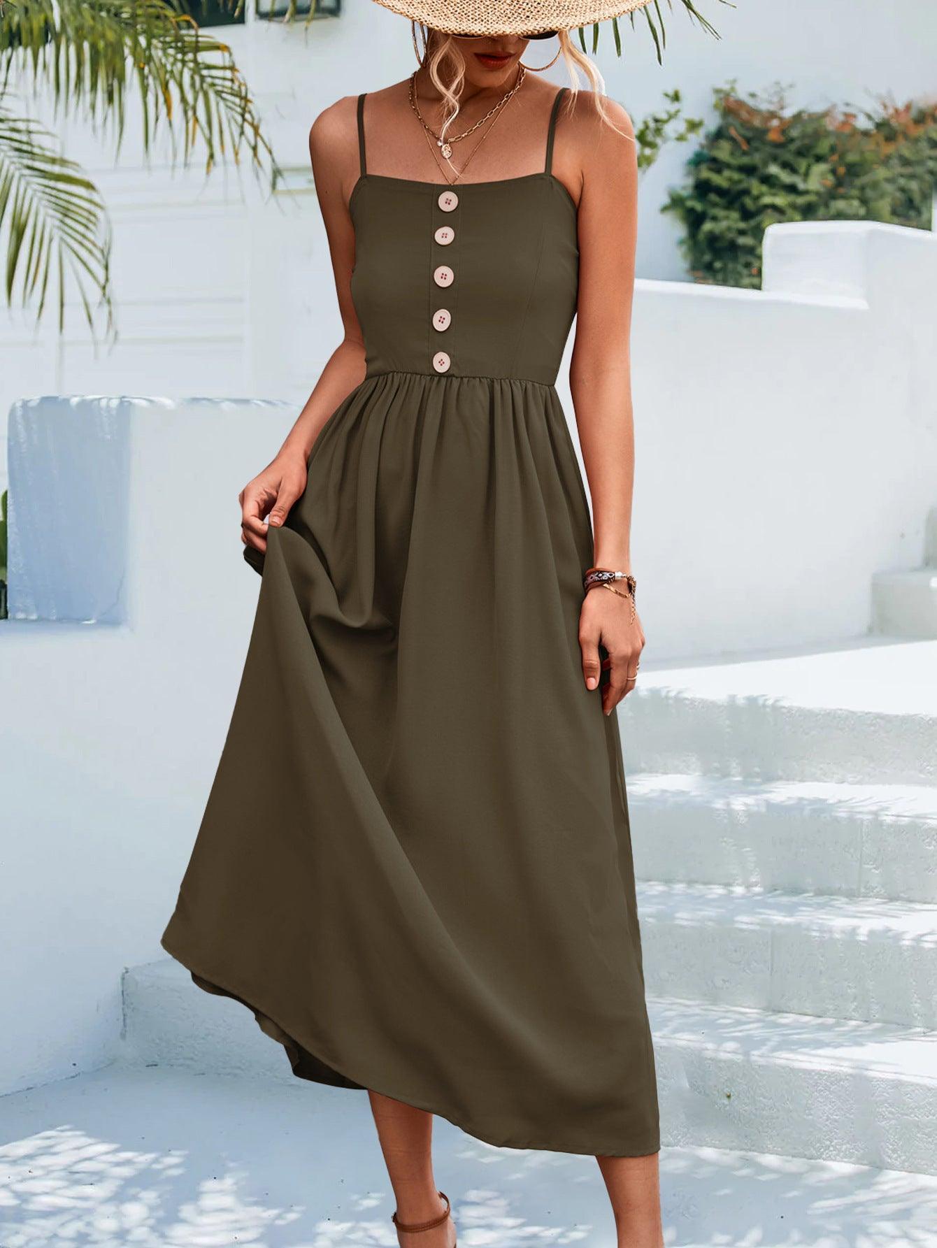 Decorative Button Spaghetti Strap Midi Dress - ClubOn