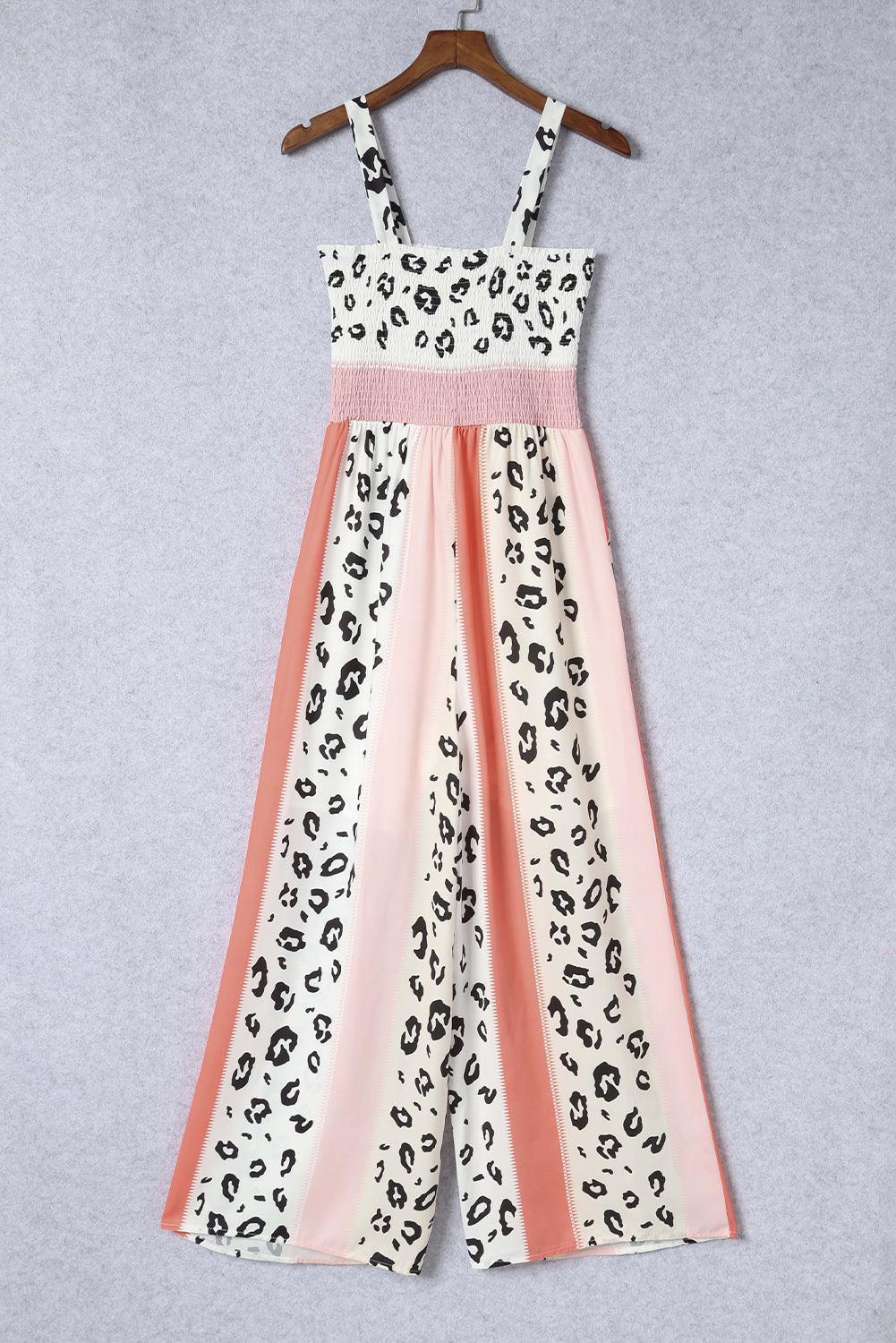 Leopard Color Block Smocked Jumpsuit - ClubOn