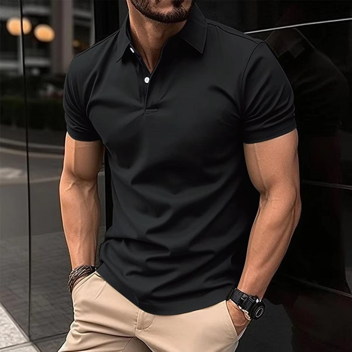 Men's Fashionable Button Polo T-Shirt - Solid Color Lapel Streetwear - ClubOn