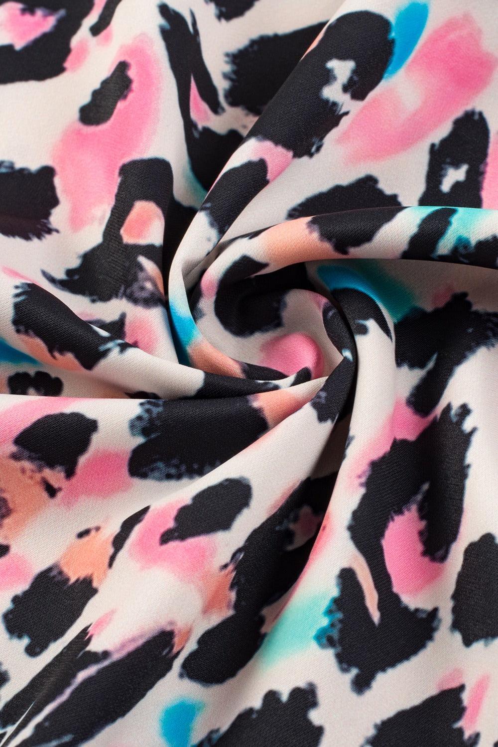 Plus Size Leopard V-Neck Three-Quarter Sleeve Blouse - ClubOn