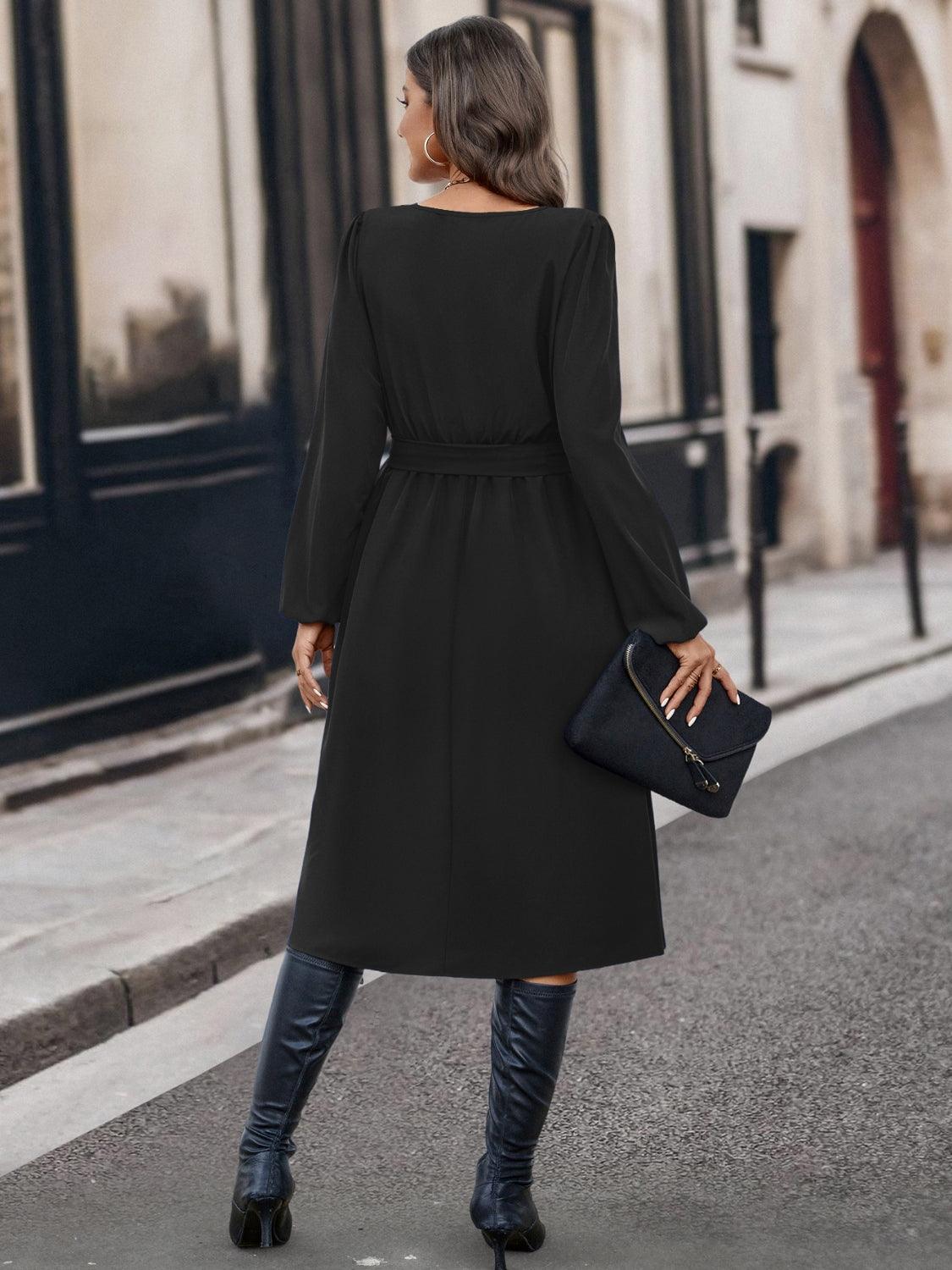 Buttoned Tie Front Long Sleeve Asymmetrical Neck Dress - ClubOn