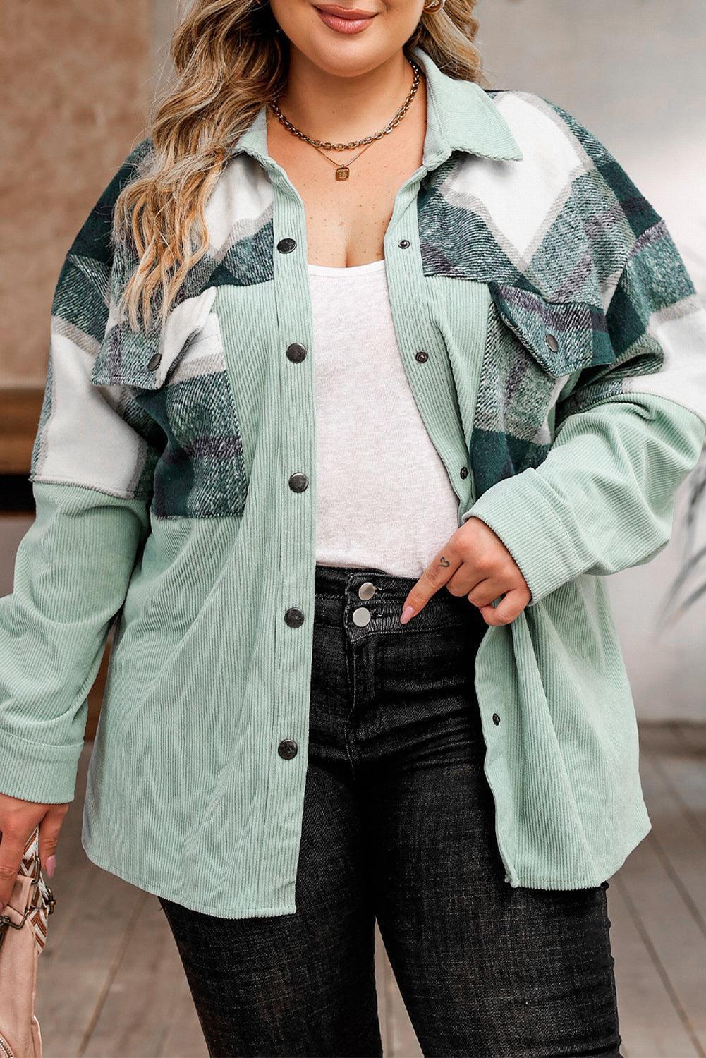 Plus Size Plaid Snap Down Jacket with Pockets - ClubOn