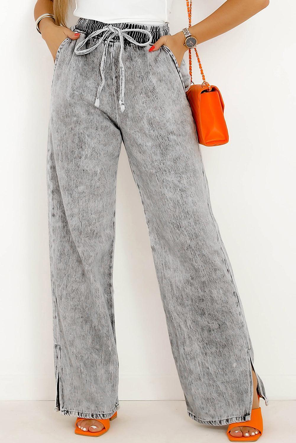 Slit Drawstring Jeans with Pockets - ClubOn