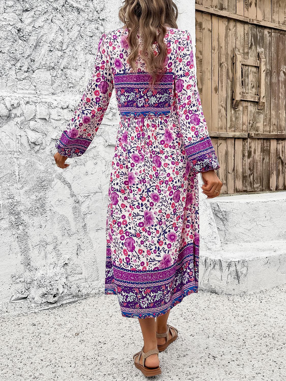 Devine Tassel Tied Printed Long Sleeve Dress - ClubOn