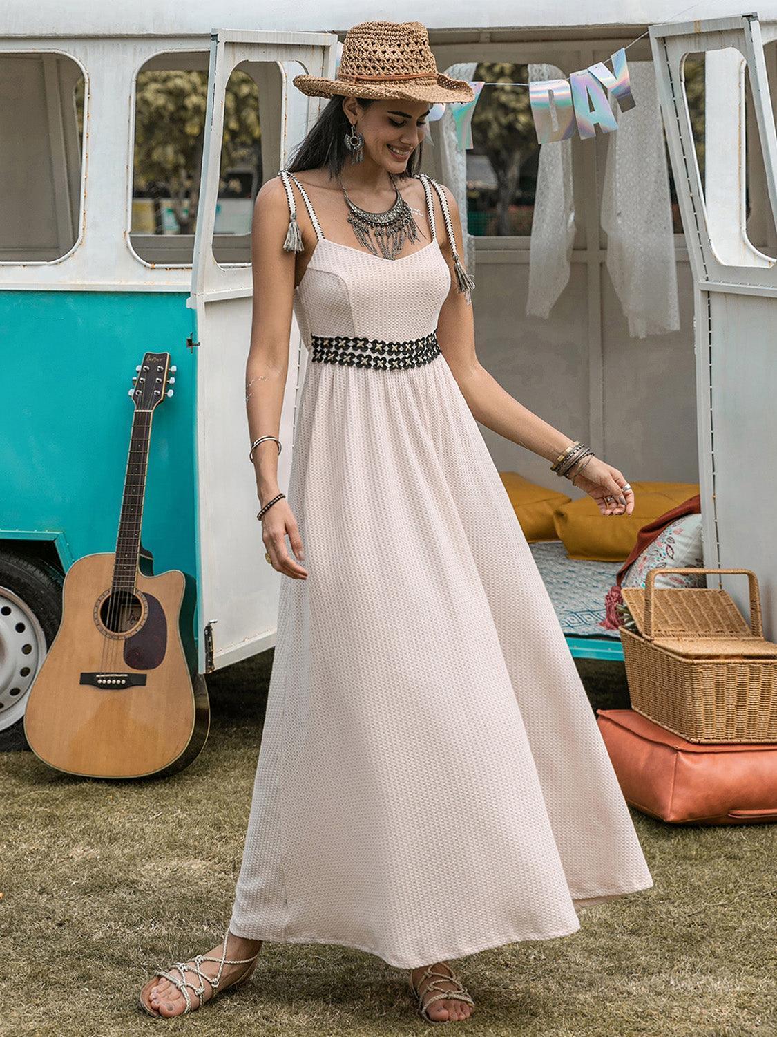 Waffle-Knit Tied Spaghetti Strap Dress - ClubOn