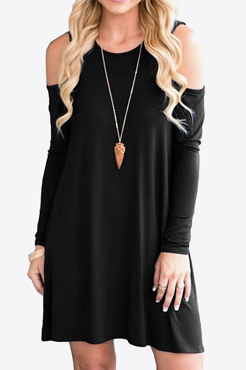 Cold-Shoulder Long Sleeve Round Neck Dress - ClubOn