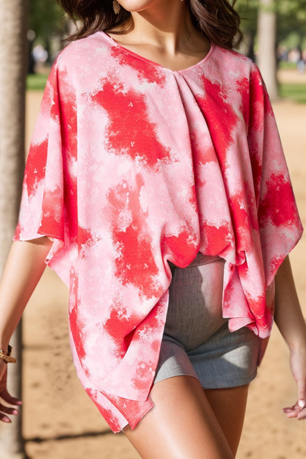 Plus Size Tie-Dye V-Neck Half Sleeve Blouse - ClubOn