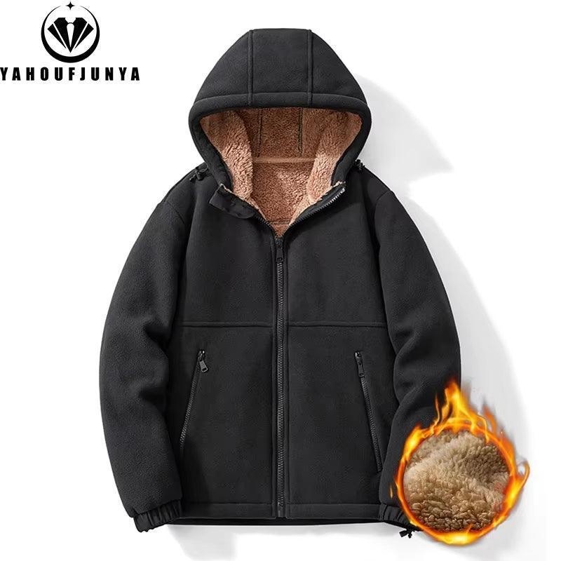 Men’s Winter Fleece Hooded Jacket – Solid Color Zipper Casual Coat - ClubOn