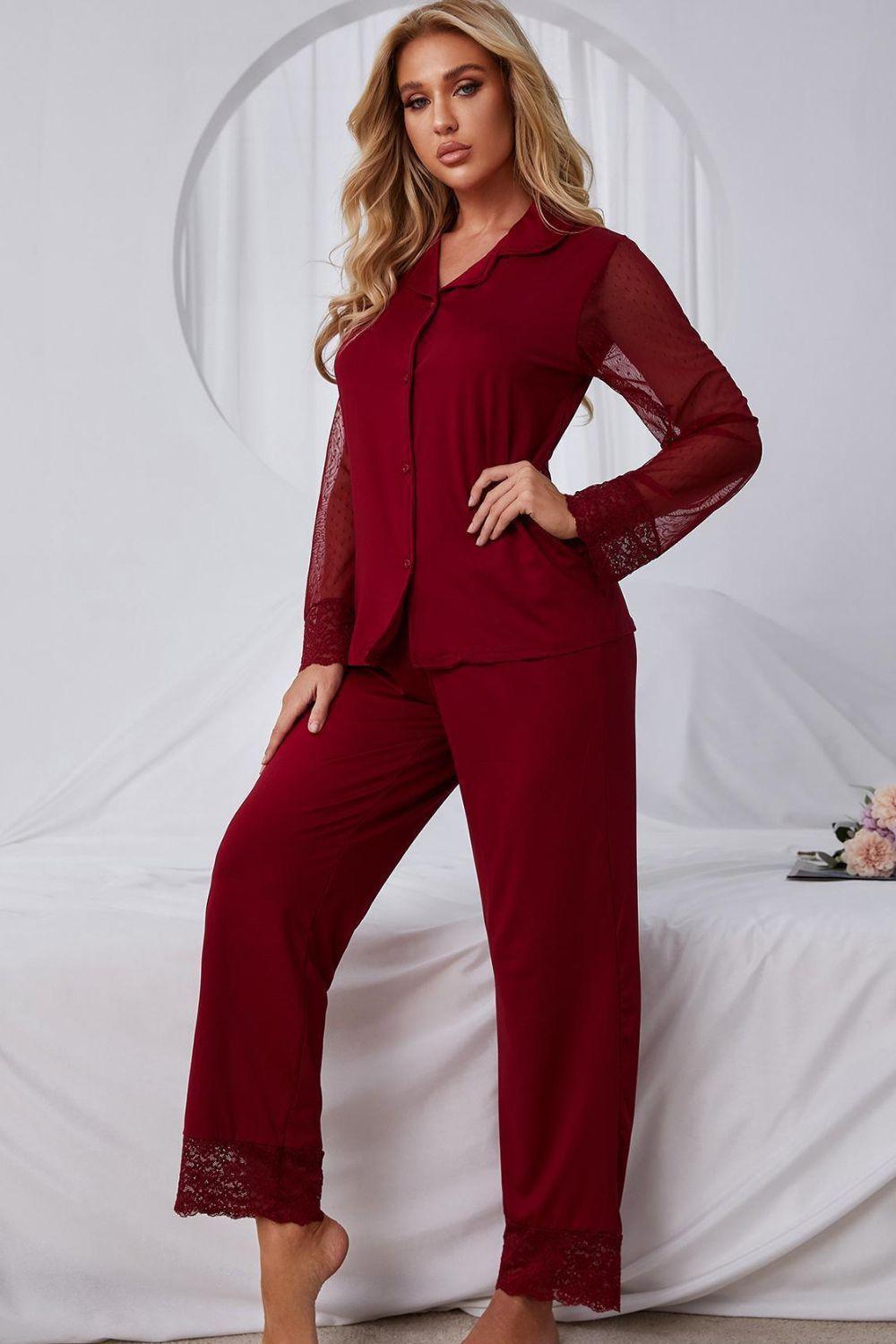 Spliced Lace Lapel Collar Pajama Set - ClubOn
