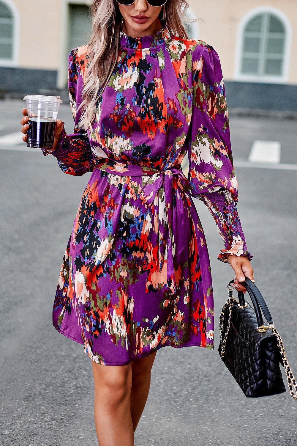 Devine Printed Tie Waist Mock Neck Lantern Sleeve Dress - ClubOn