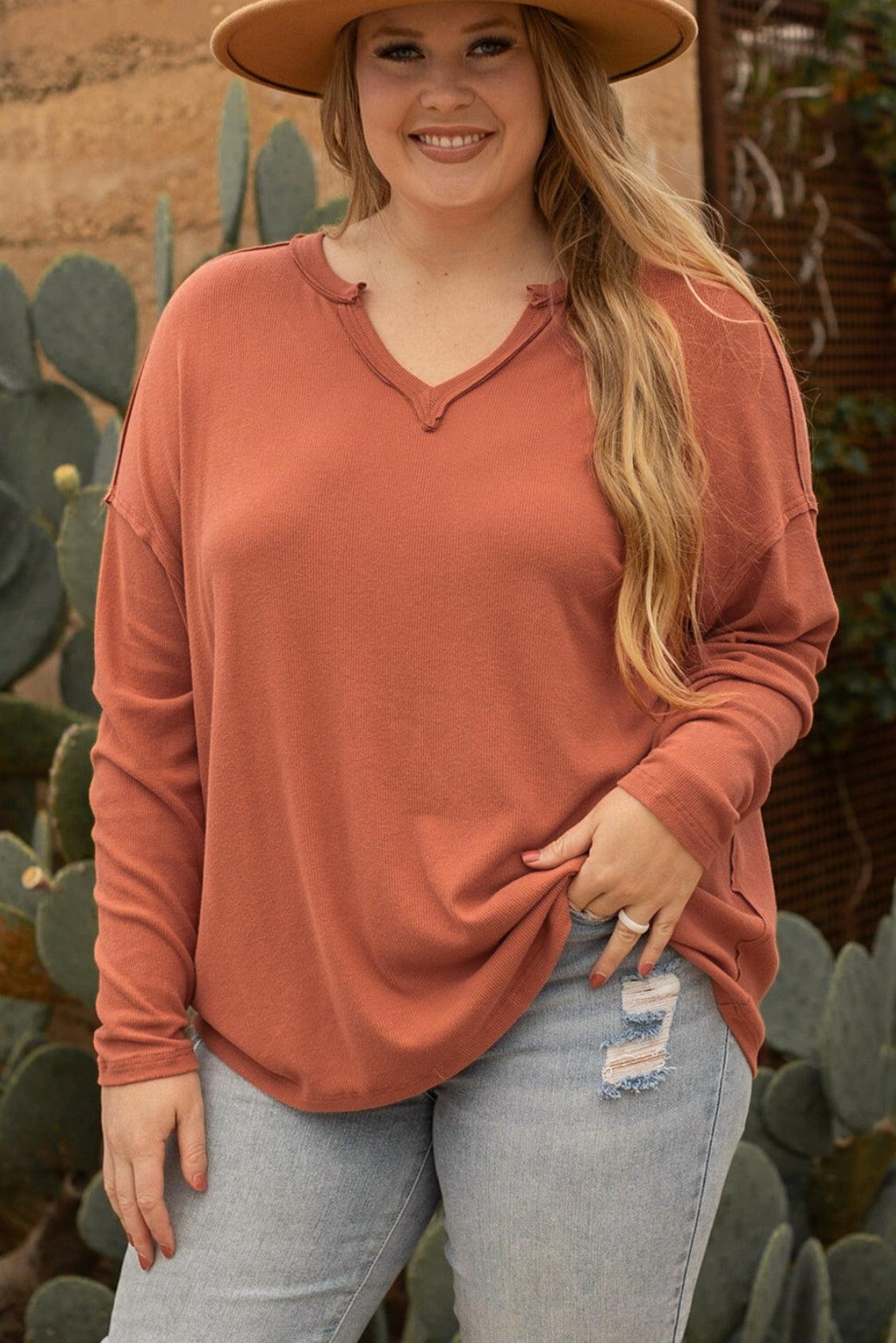 Plus Size Notched Long Sleeve T-Shirt - ClubOn