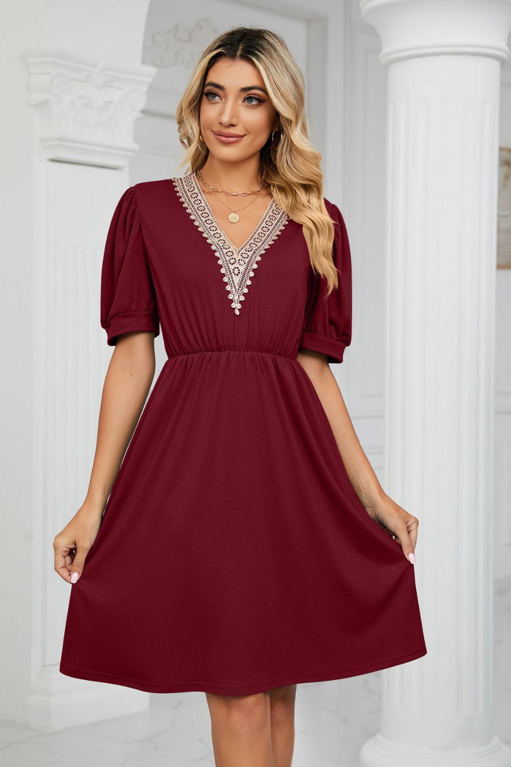 Contrast V-Neck Puff Sleeve Pocket Dress - ClubOn