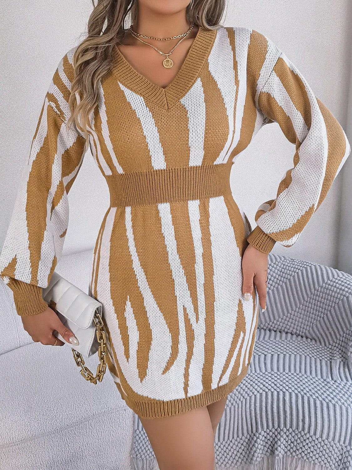 Animal Print V-Neck Long Sleeve Sweater Dress - ClubOn