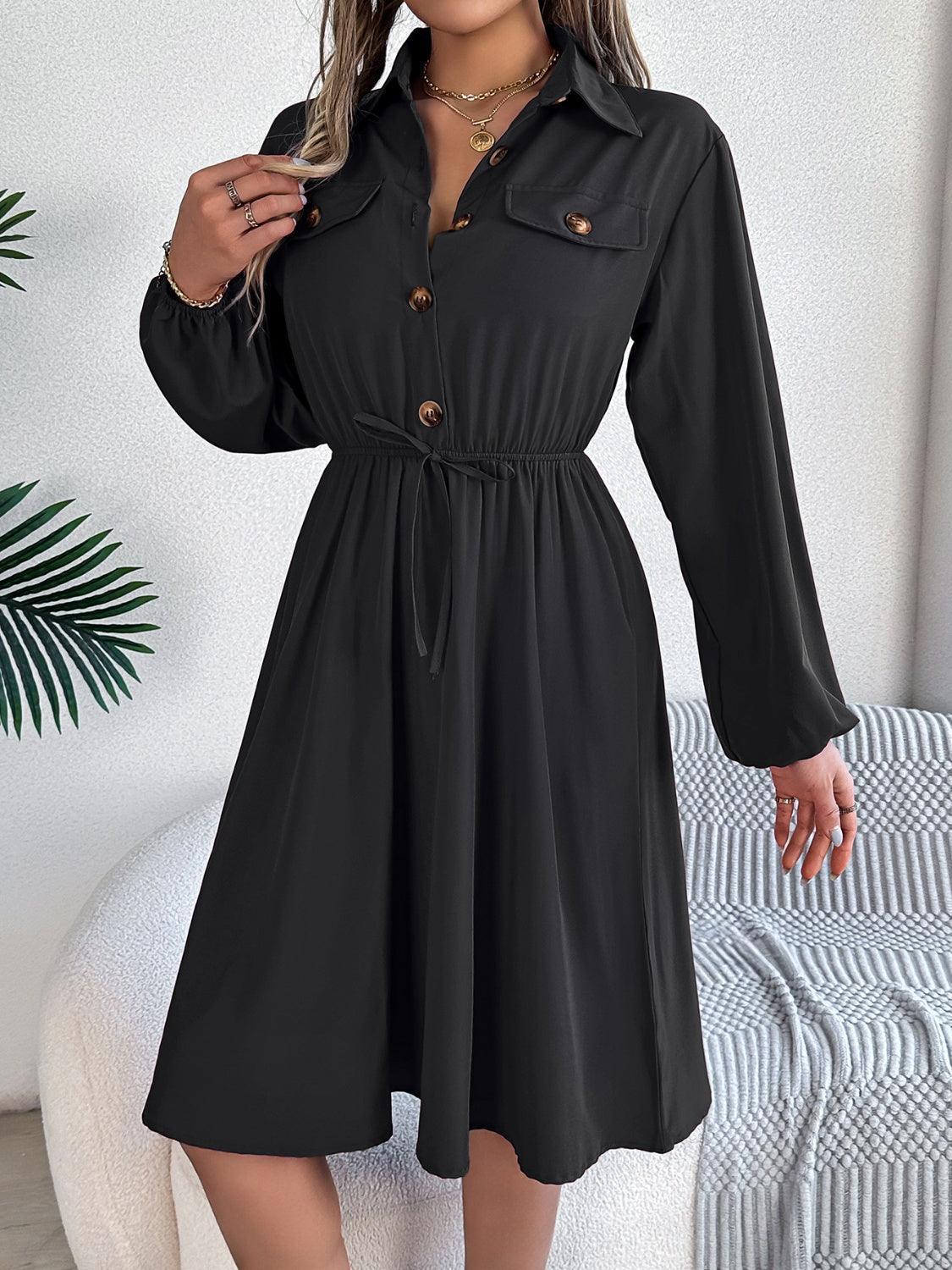 Collared Neck Long Sleeve Dress with Pockets - ClubOn