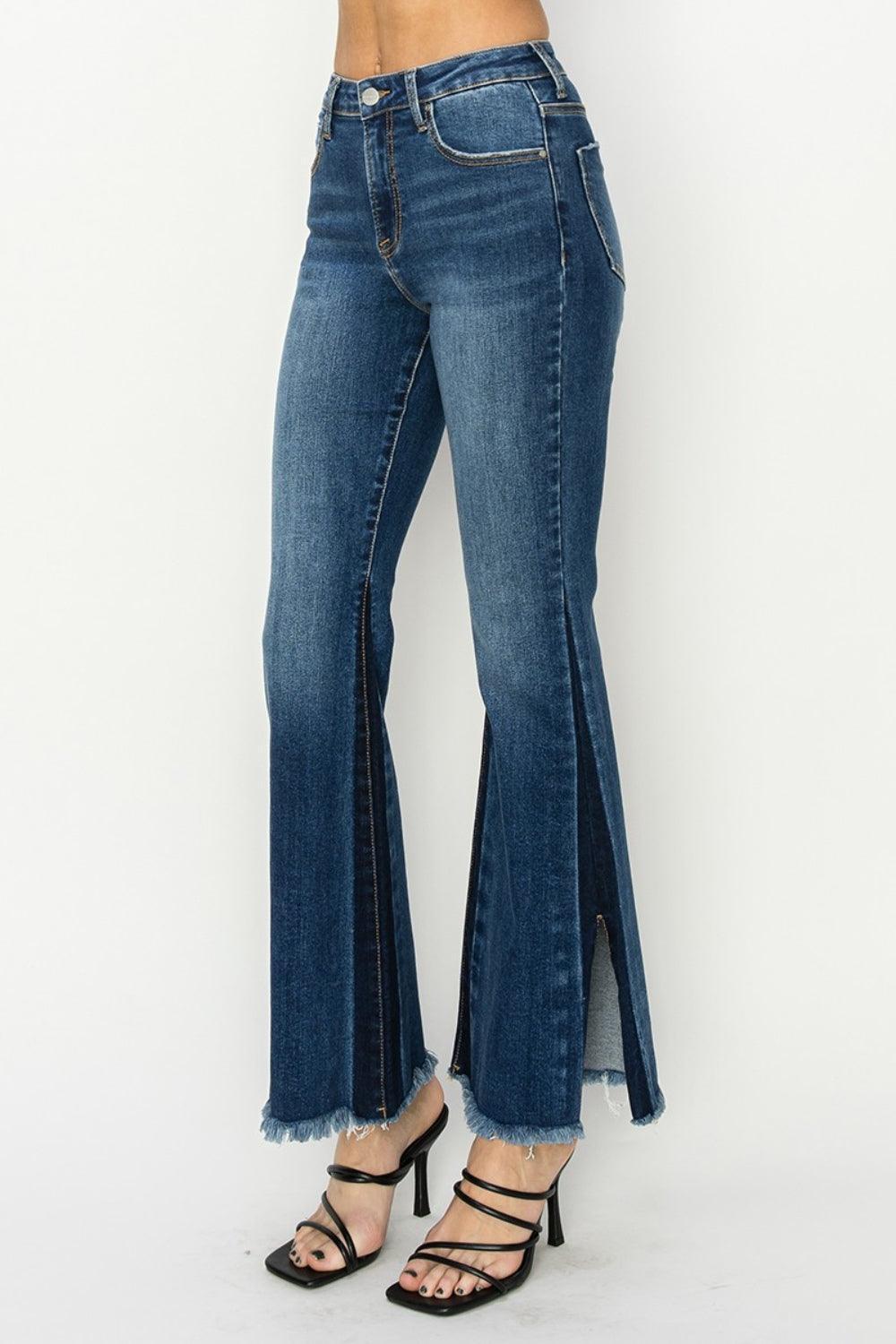 RISEN Full Size High Rise Side Shadow Seam Detail Slit Flare Jeans - ClubOn