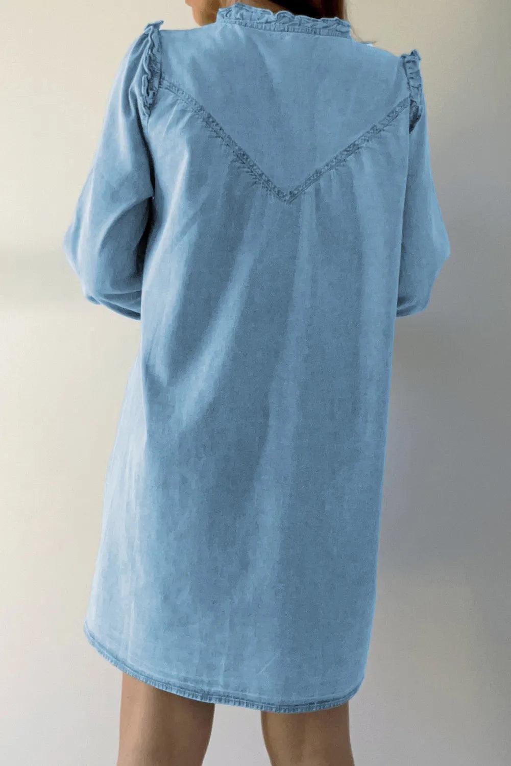 Button Up Notched Long Sleeve Denim Dress - ClubOn