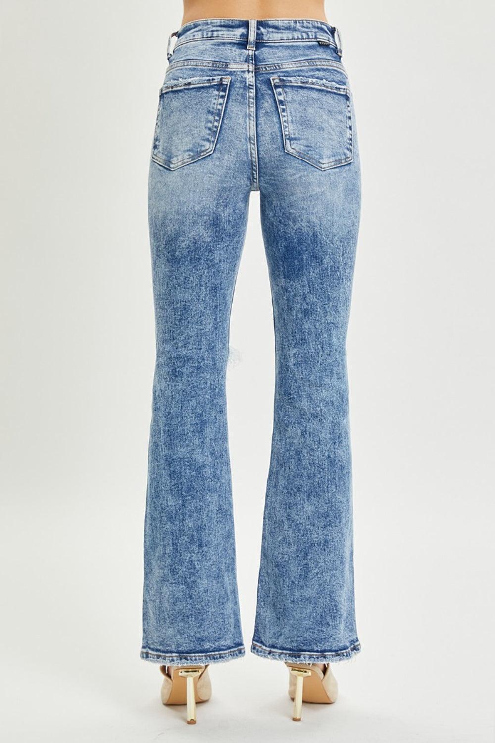 RISEN Full Size High Rise Distressed Flare Jeans - ClubOn