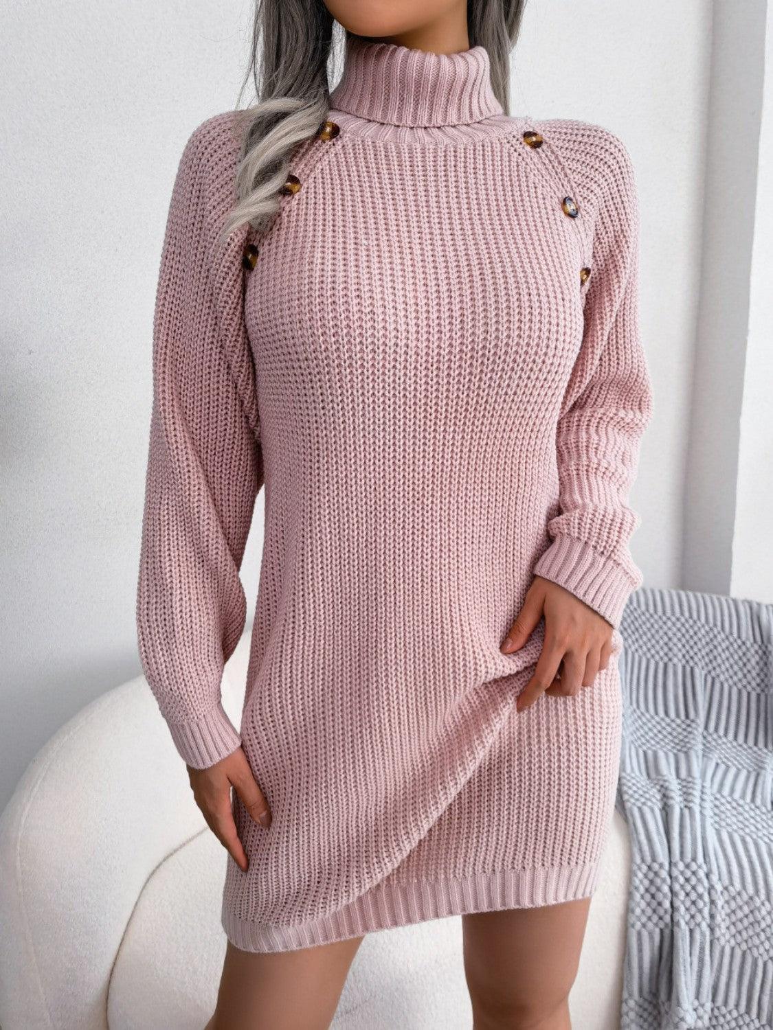 Decorative Button Turtleneck Sweater Dress - ClubOn