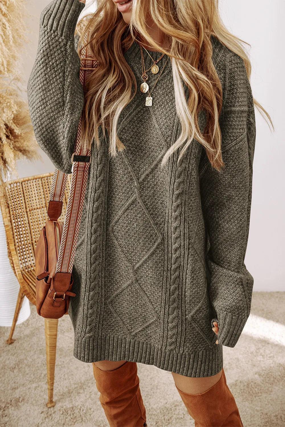 Cable-Knit Round Neck Sweater Dress - ClubOn