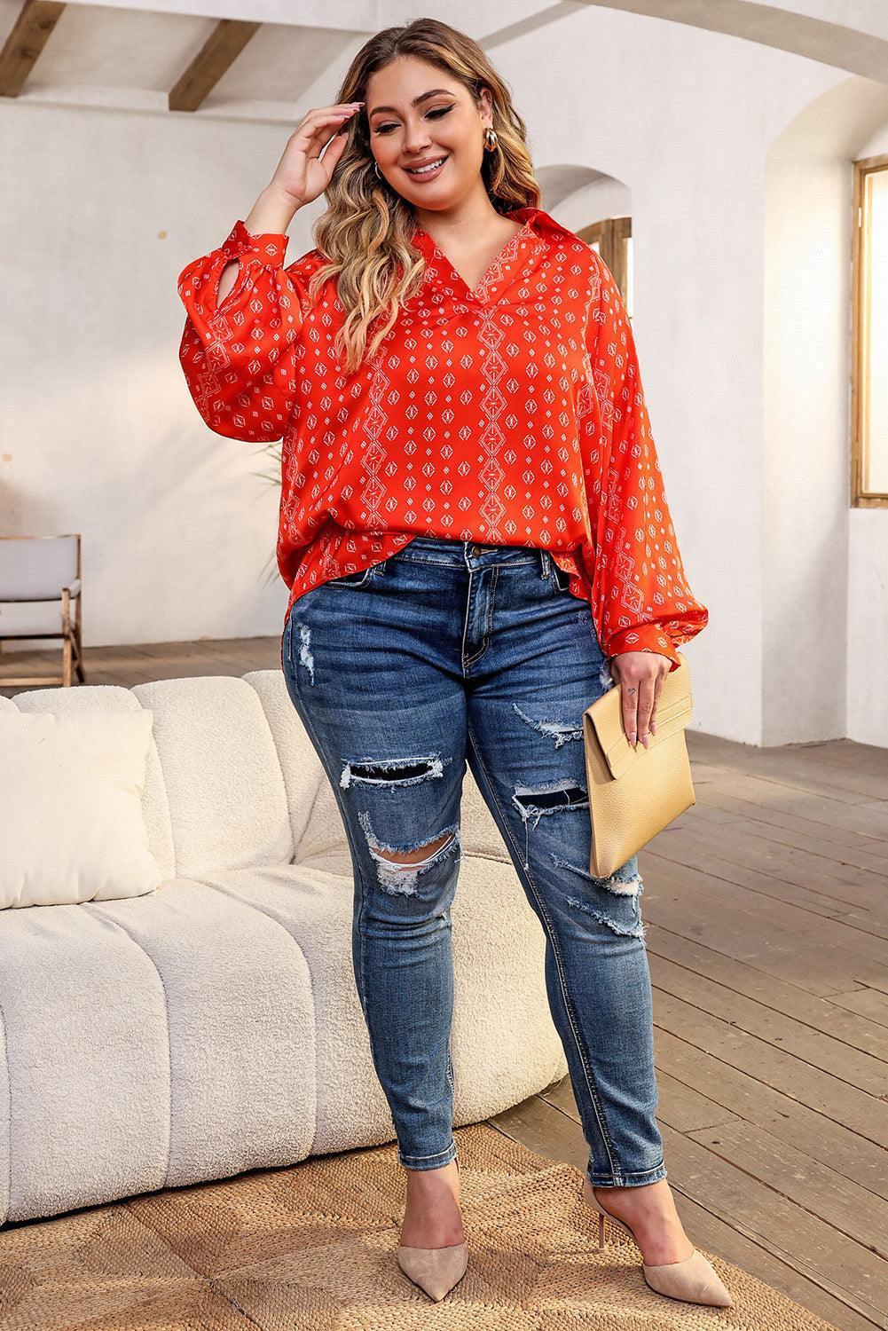 Plus Size Printed Johnny Collar Long Sleeve Blouse - ClubOn