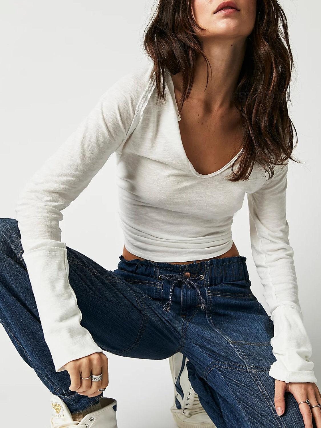 Exposed Seam Notched Long Sleeve T-Shirt - ClubOn