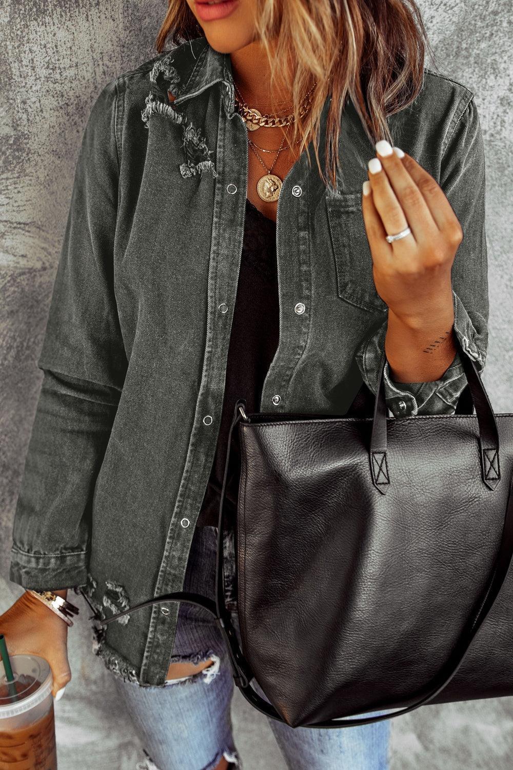 Distressed Raw Hem Snap Down Denim Jacket - ClubOn