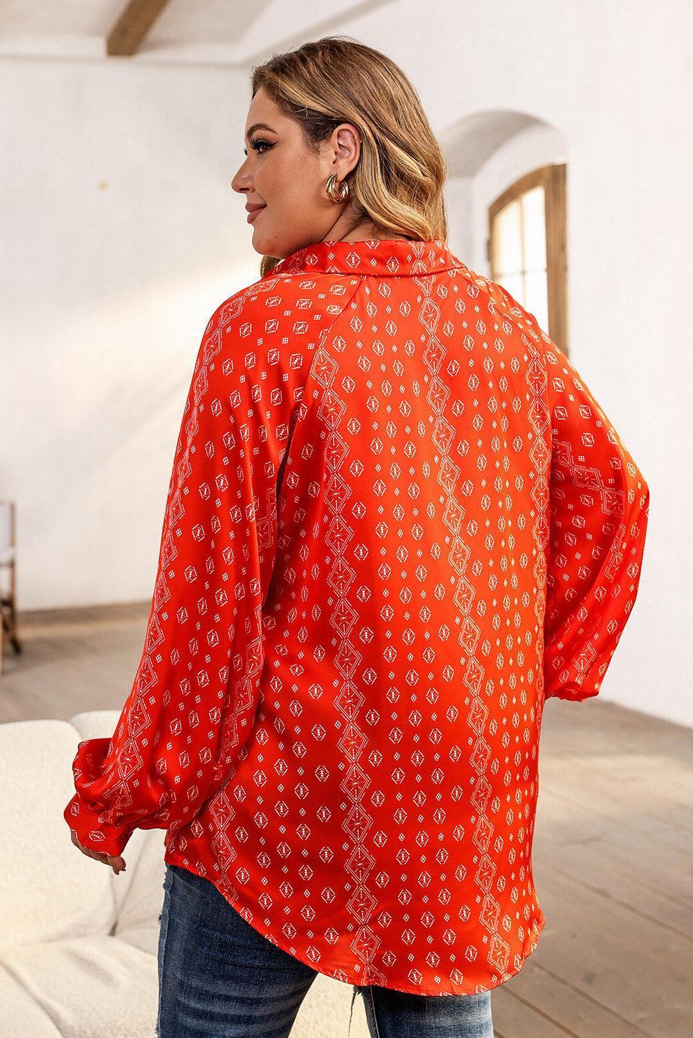 Plus Size Printed Johnny Collar Long Sleeve Blouse - ClubOn