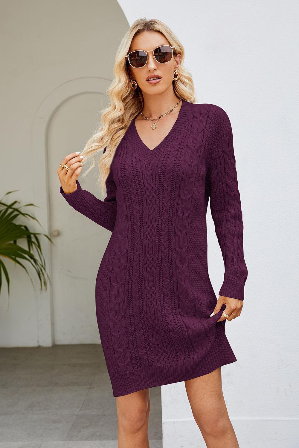 Cable-Knit Long Sleeve Sweater Dress - ClubOn