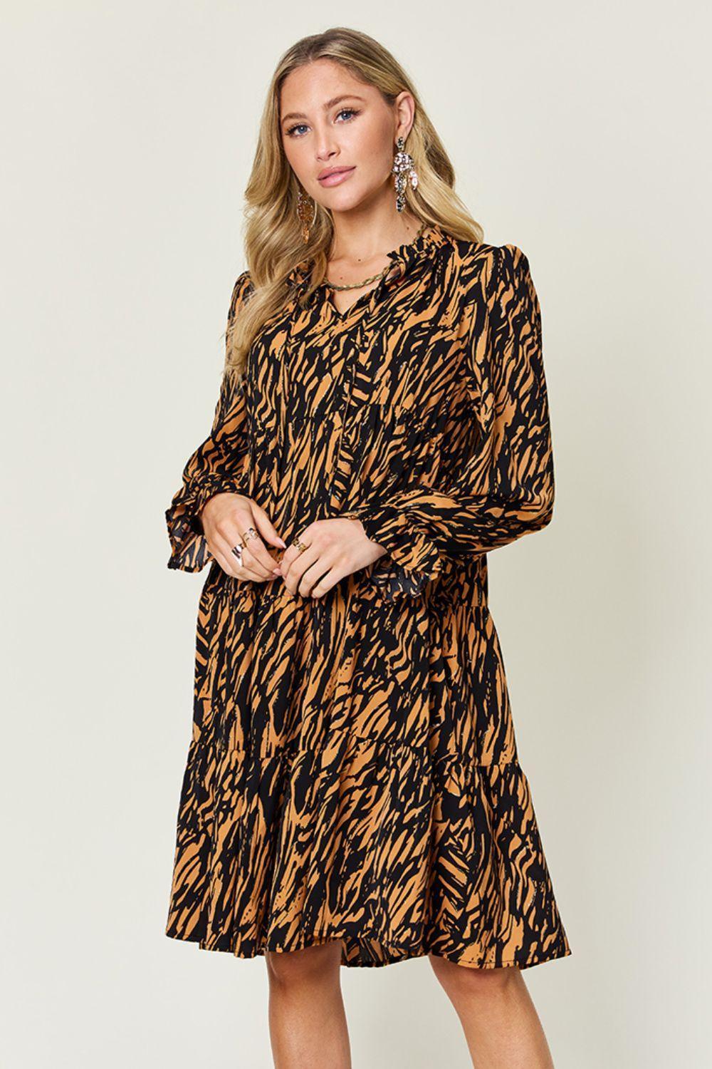 Double Take Full Size Printed Ruffle Hem Long Sleeve Dress - ClubOn