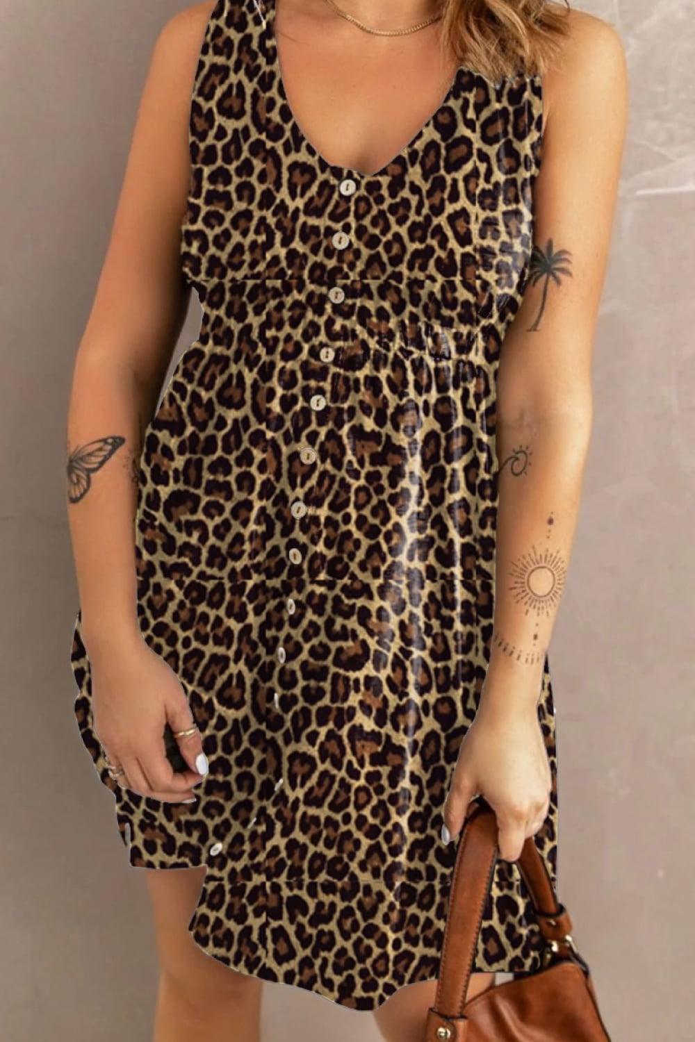 Double Take Printed Scoop Neck Sleeveless Buttoned Magic Dress with Pockets - ClubOn