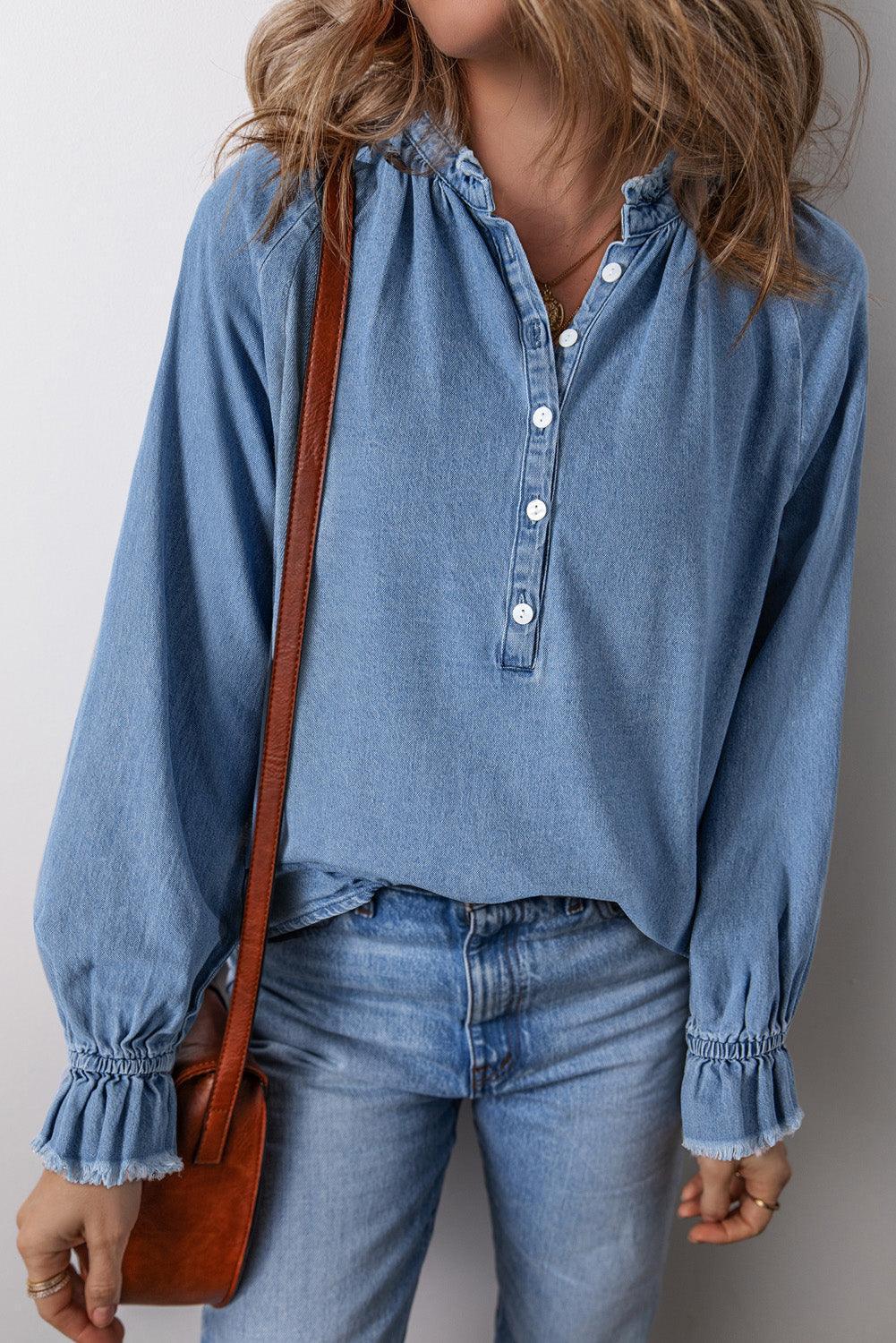 Half Button Long Sleeve Denim Top - ClubOn