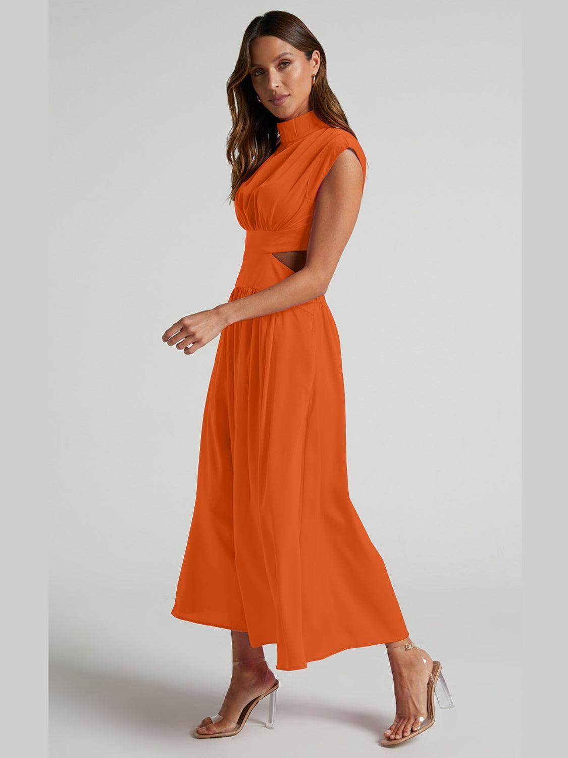 Cutout Mock Neck Sleeveless Ruched Dress - ClubOn