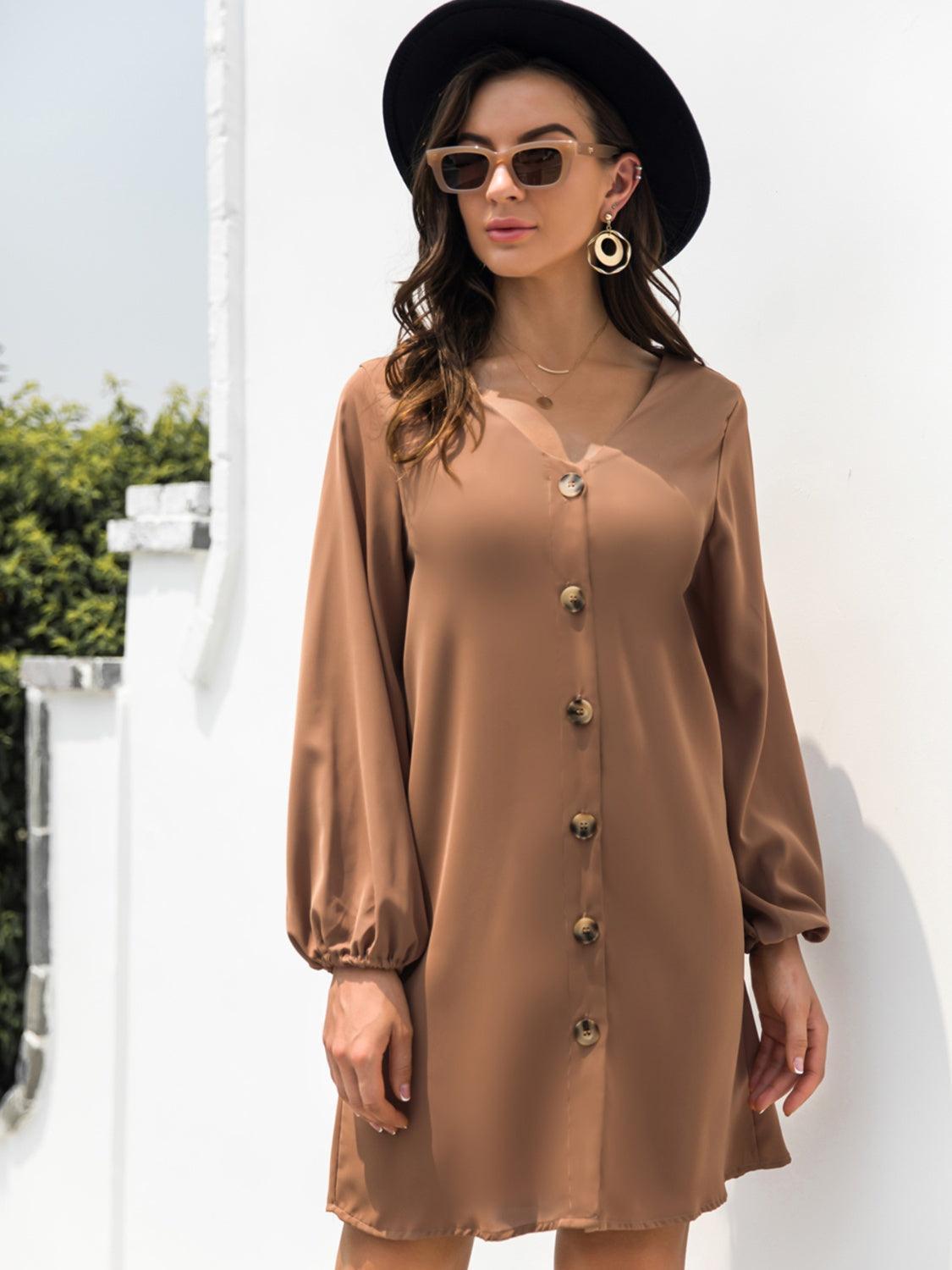 V-Neck Long Sleeve Mini Dress - ClubOn
