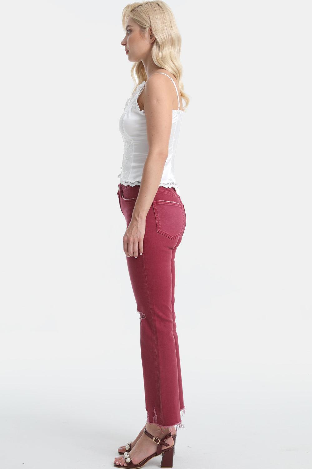 BAYEAS Full Size High Waist Distressed Raw Hem Flare Jeans - ClubOn