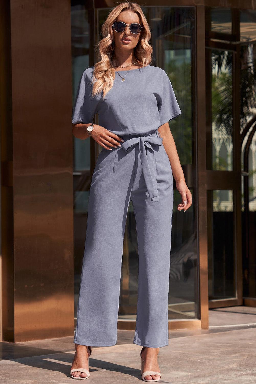 Full Size Tie Waist Straight Leg Jumpsuit - ClubOn