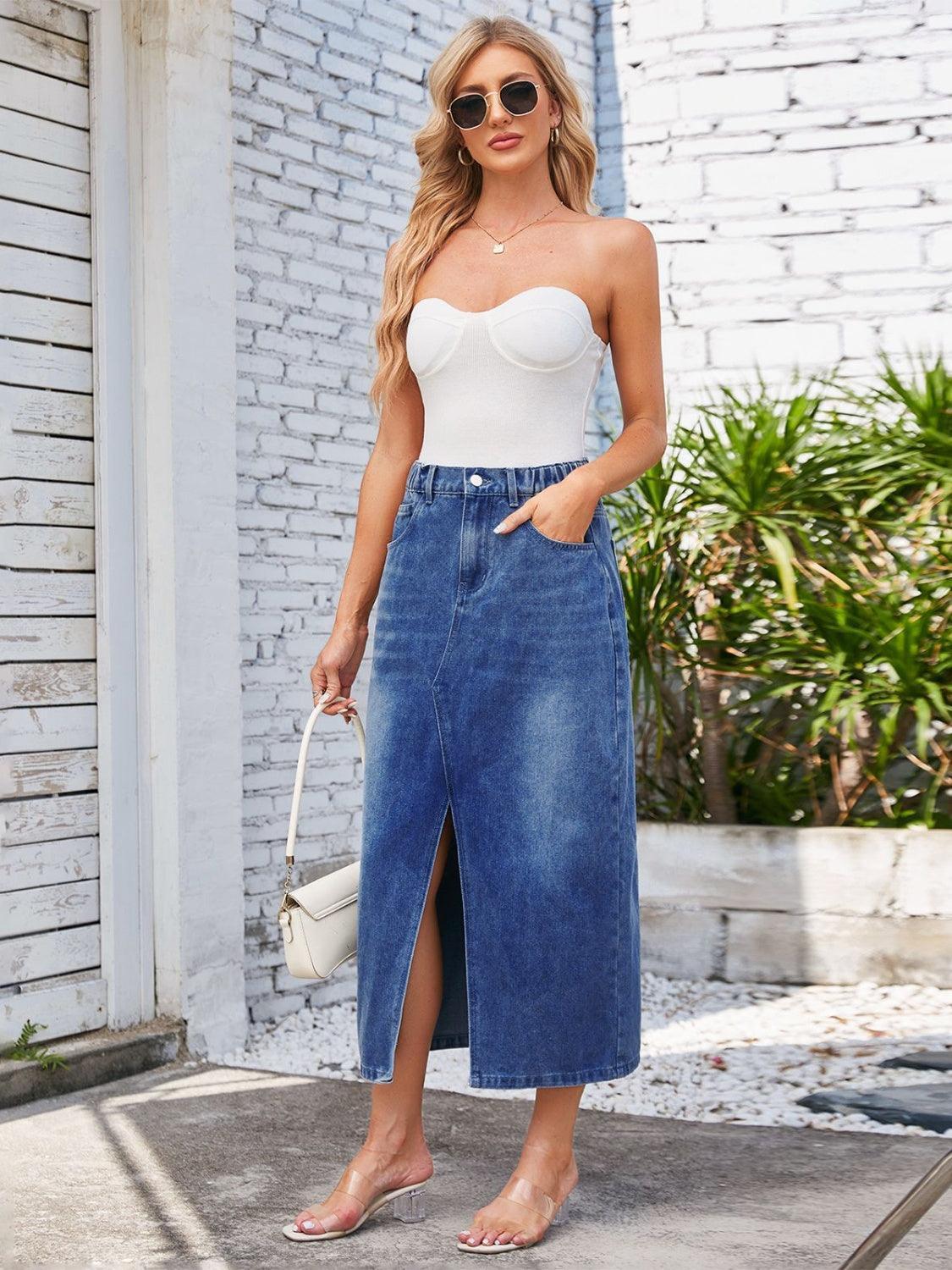 Slit Midi Denim Skirt with Pockets - ClubOn