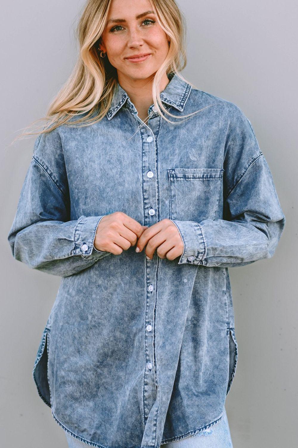 Button Up Dropped Shoulder Denim Top - ClubOn