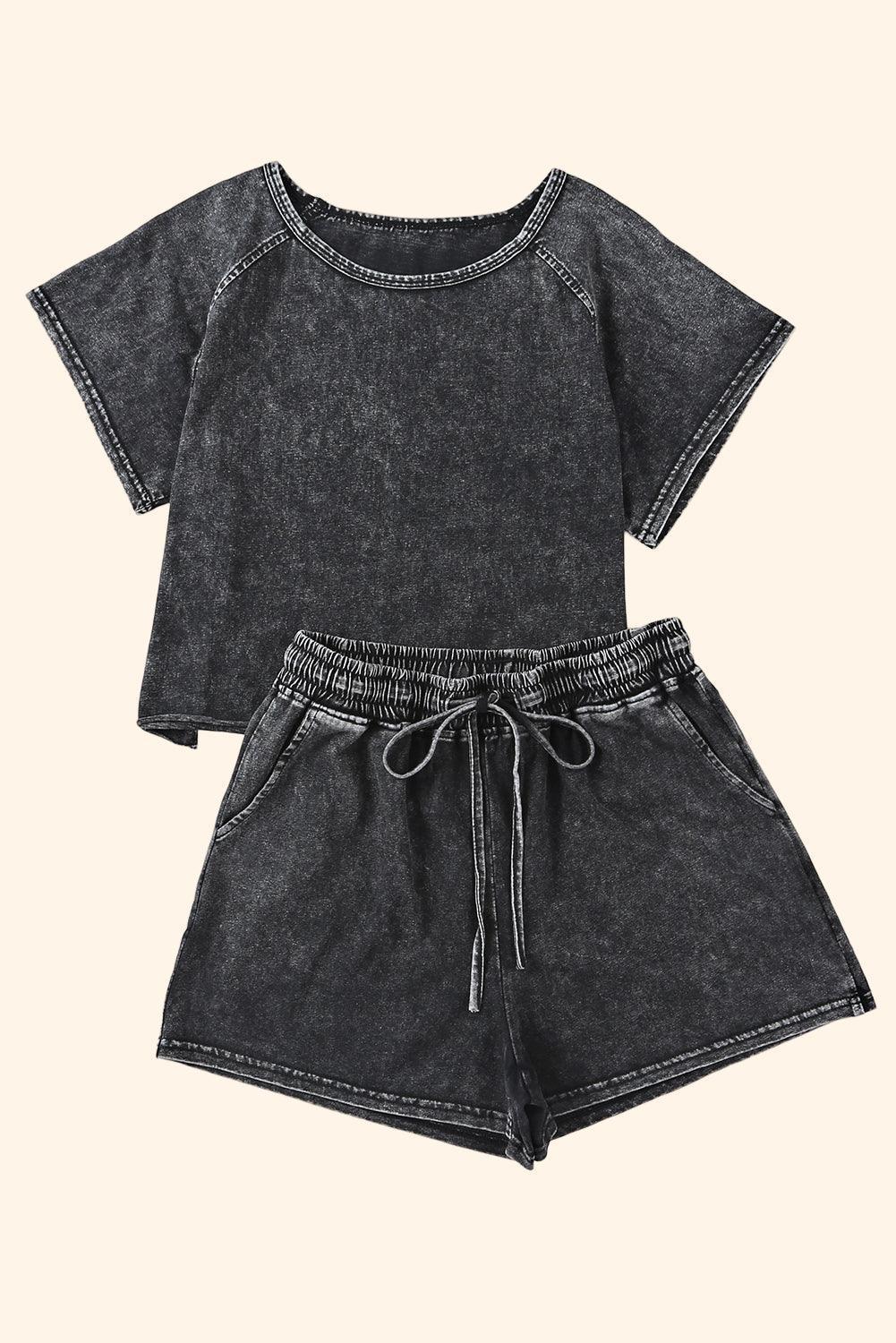 Heathered Round Neck Top and Shorts Lounge Set - ClubOn