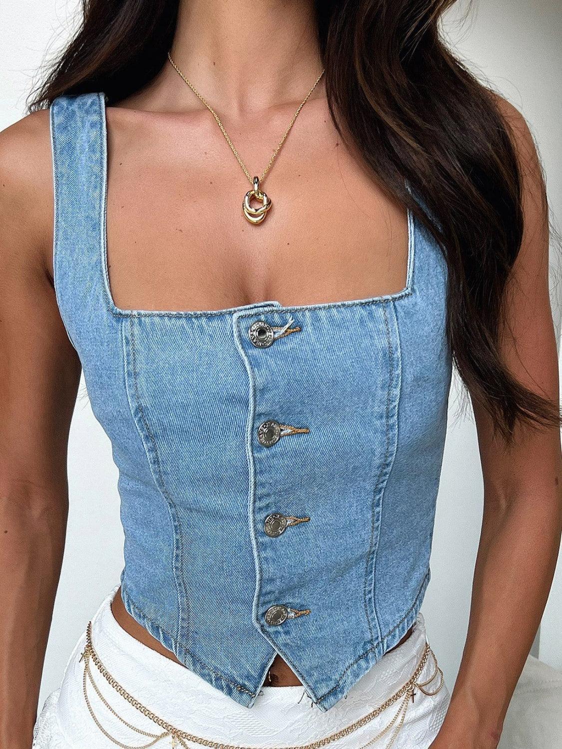 Smocked Square Neck Denim Top - ClubOn