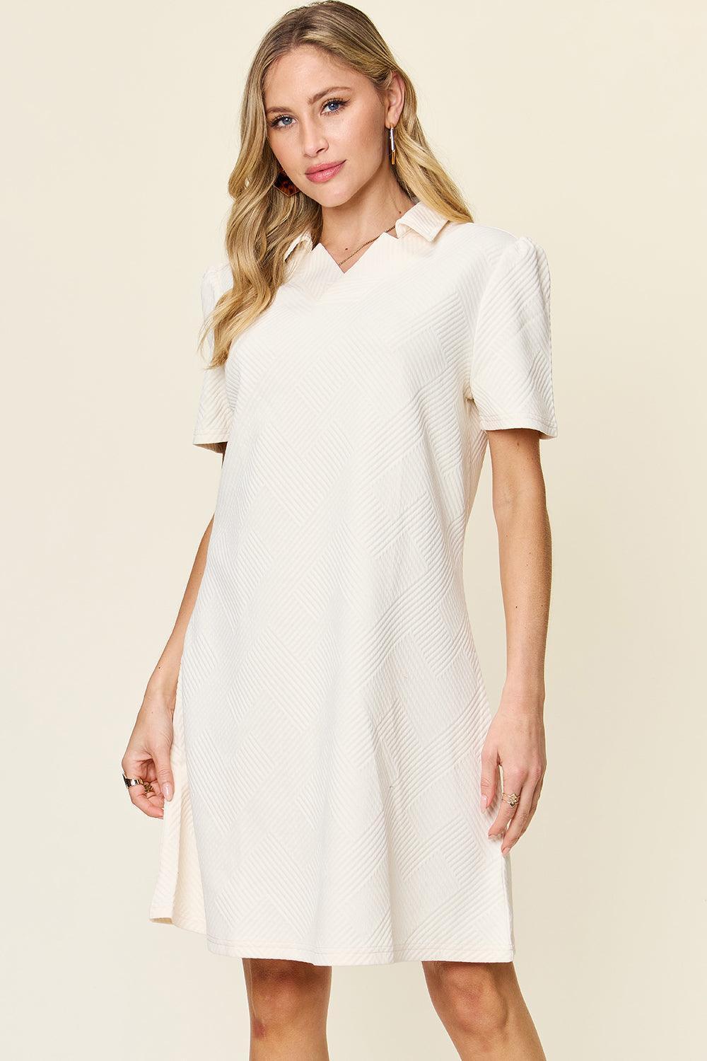 Double Take Full Size Texture Collared Neck Short Sleeve Dress - ClubOn