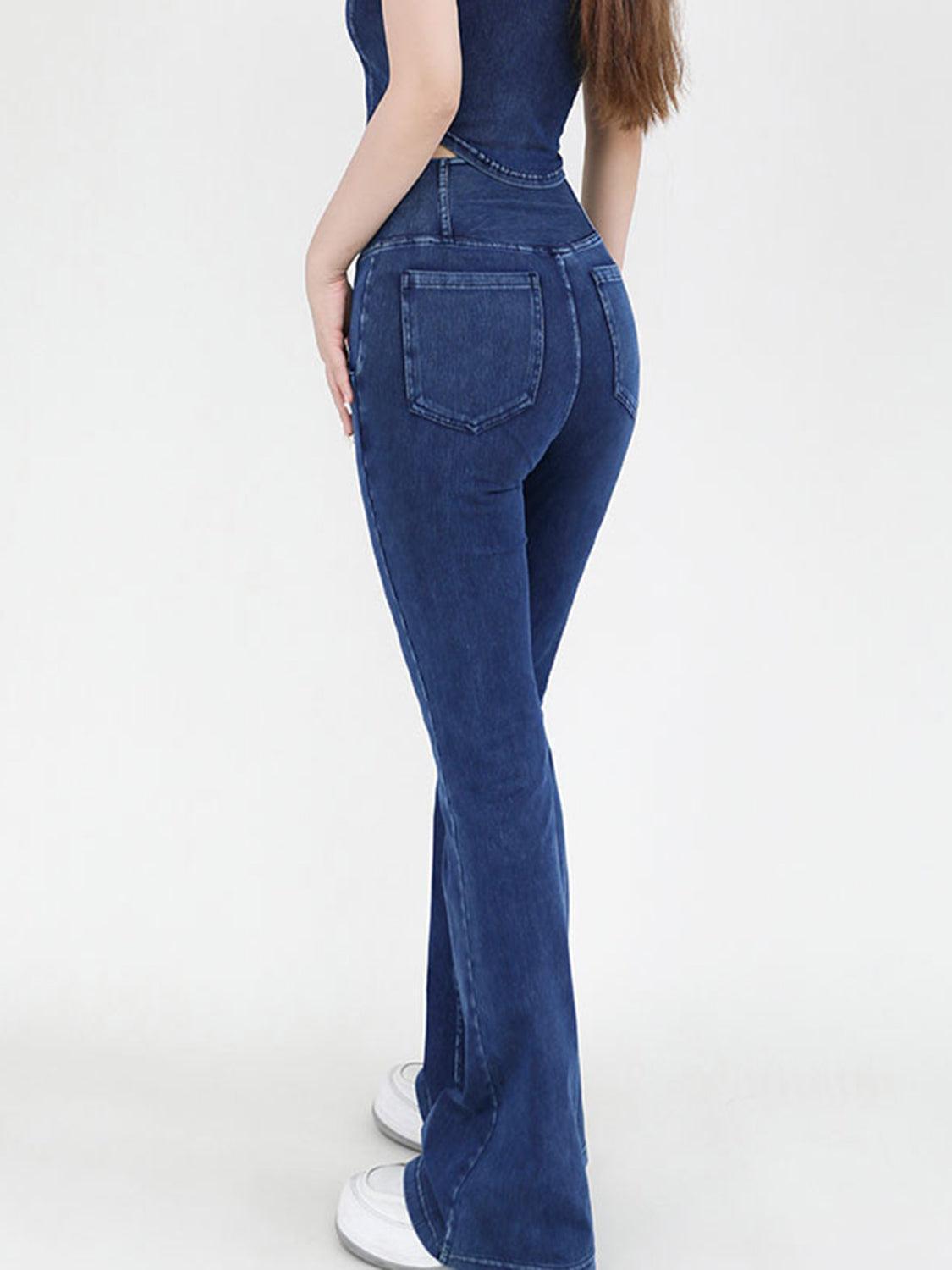 Wide Waistband Bootcut Jeans with Pockets - ClubOn