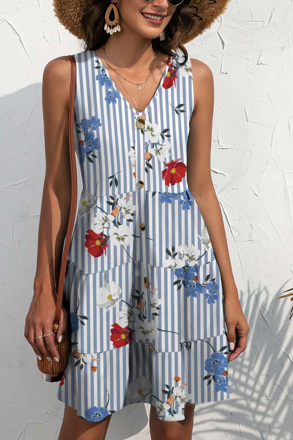 FAM-FAM Printed V-Neck Sleeveless Mini Dress - ClubOn