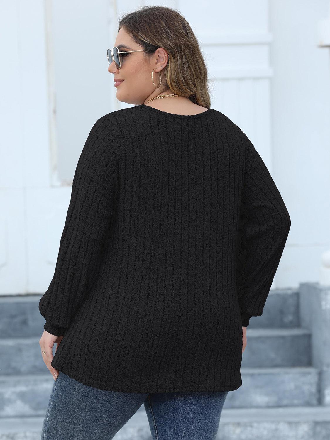 Plus Size Ribbed V-Neck Long Sleeve Top - ClubOn
