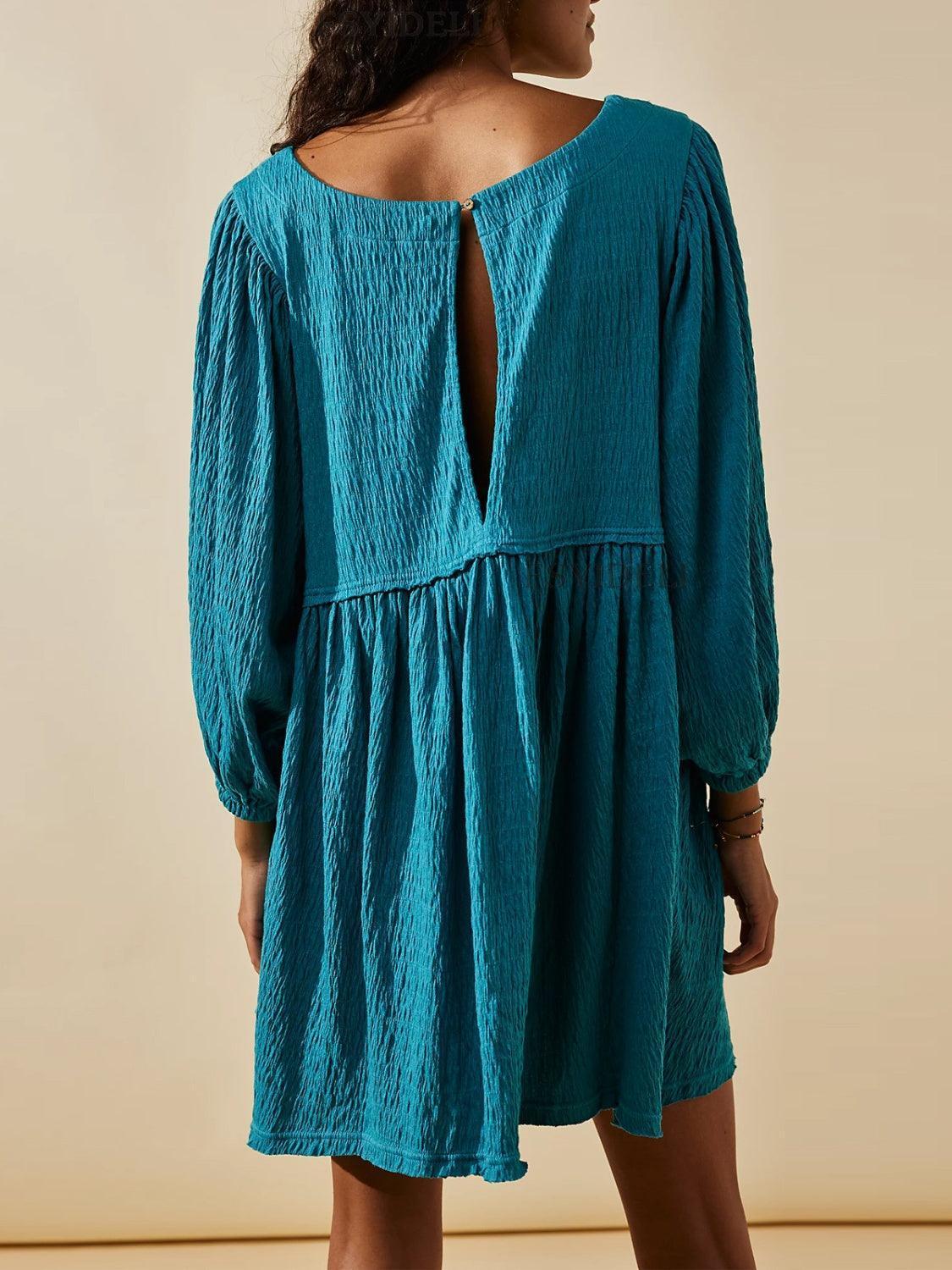 Cutout Textured Long Sleeve Mini Dress - ClubOn