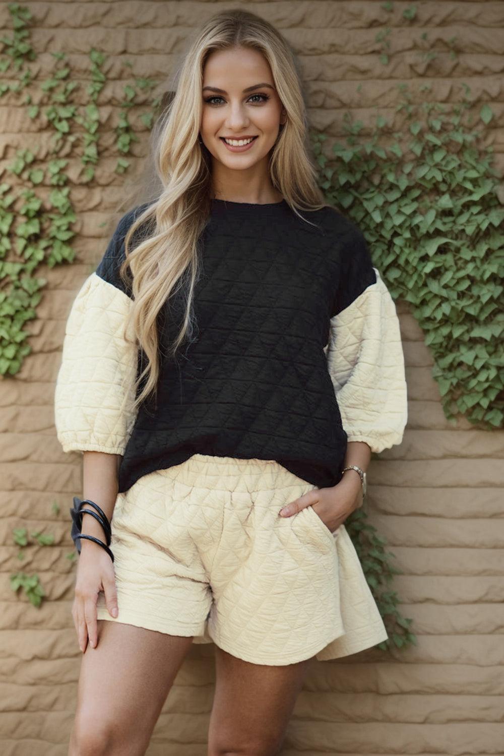 Texture Contrast Top and Shorts Set - ClubOn