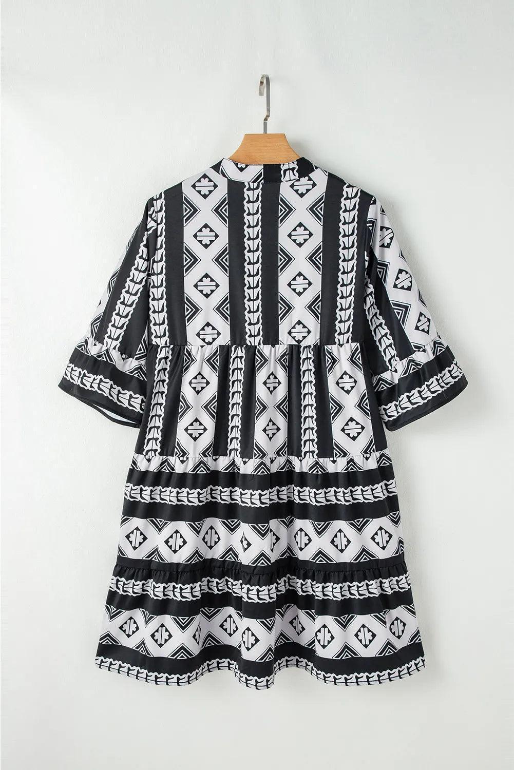 Tiered Printed Notched Half Sleeve Dress - ClubOn
