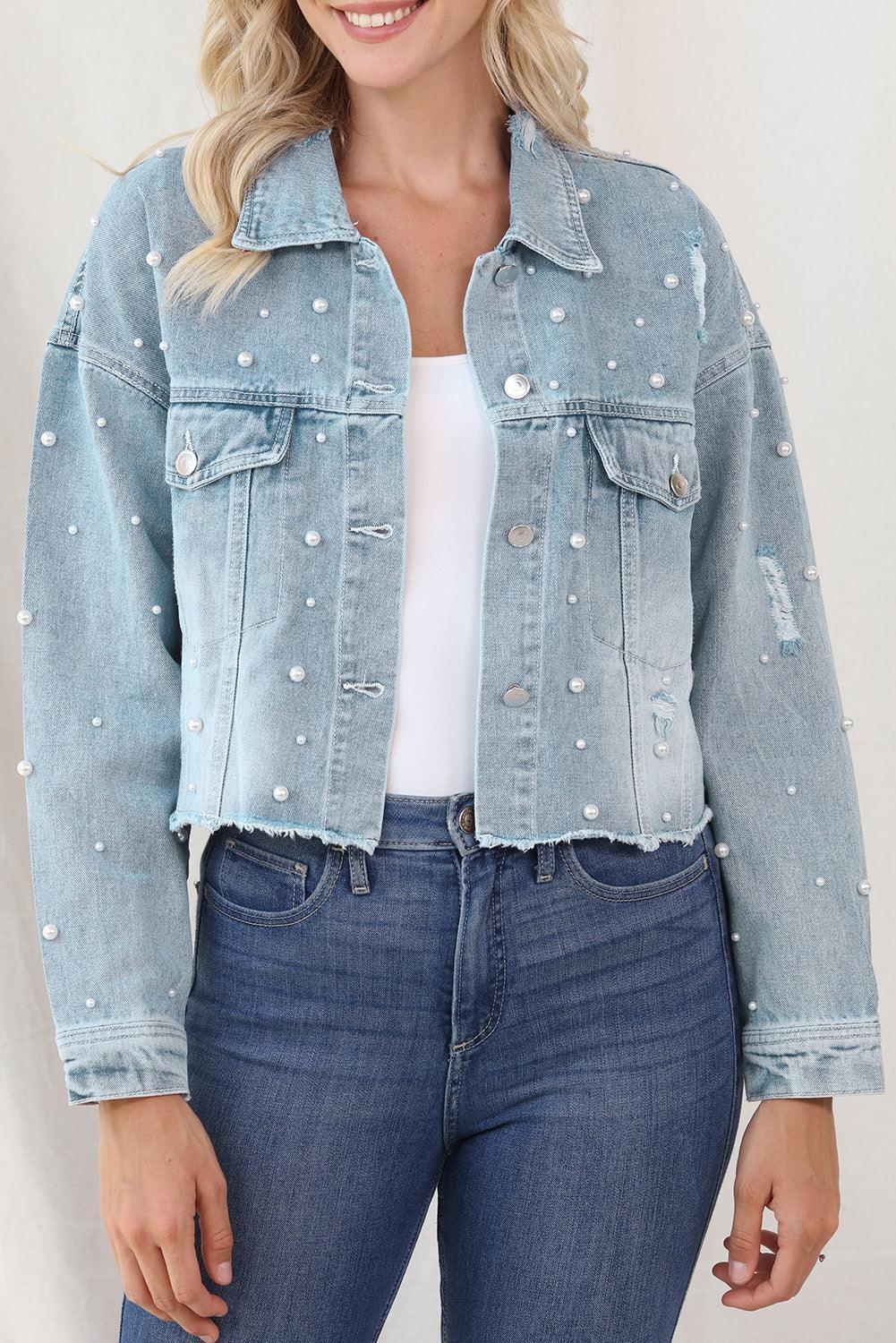 Distressed Pearl Trim Button Up Denim Jacket - ClubOn